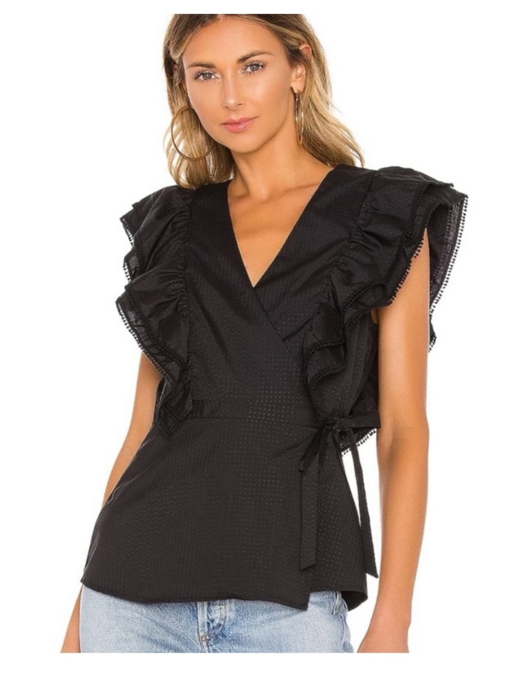 BCBG Maxazria Black Ruffle Wrap Blouse with Side Tie